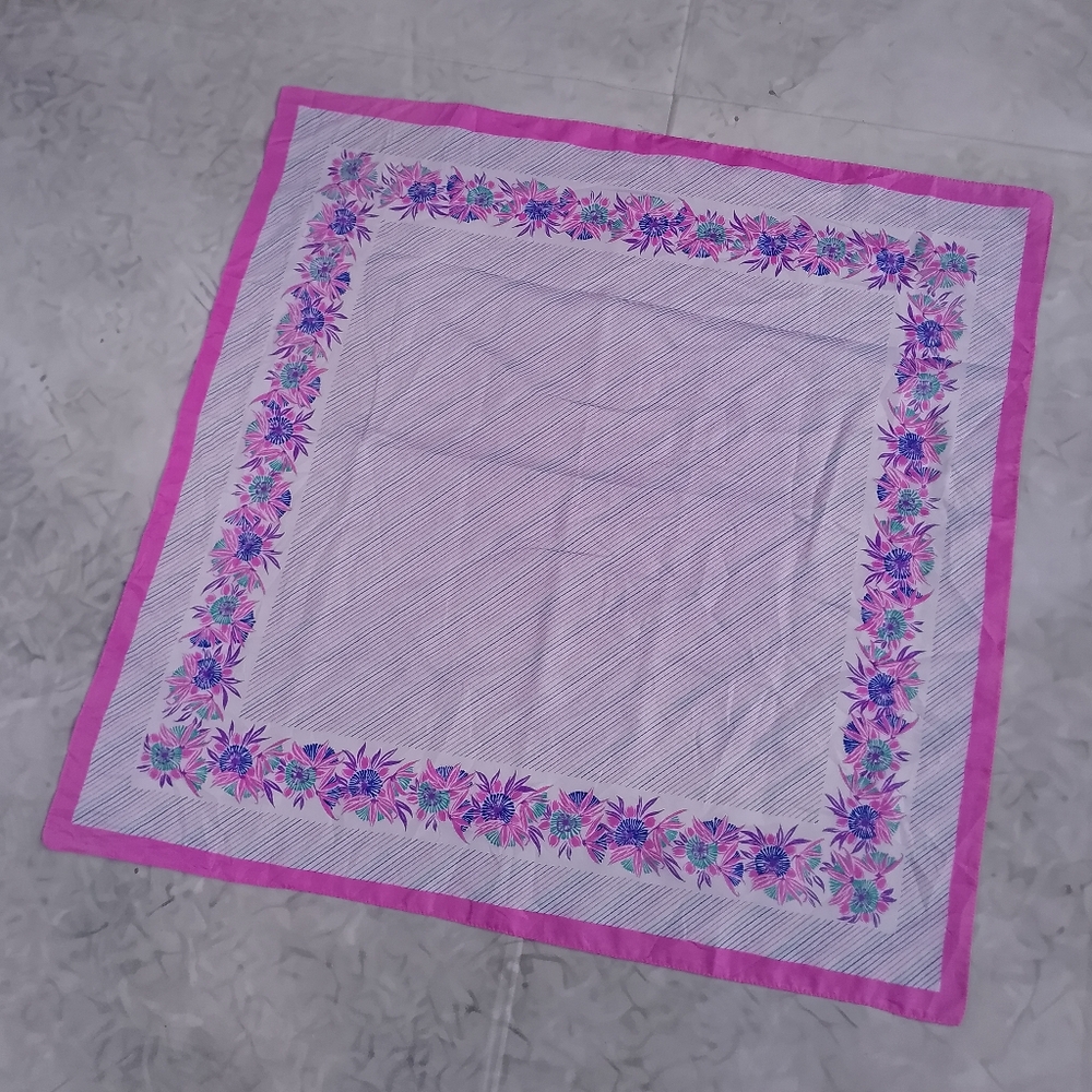 Vintage Floral Silk Scarf Purple White Square Scarf 26” Retro Neck Head Scarf - Picture 7 of 12